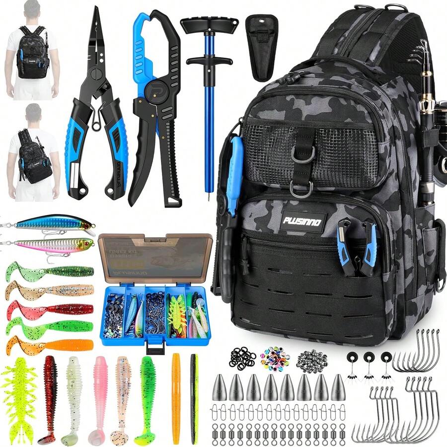 Fishing Backpack With Fishing Gear, Waterproof Tackle Backpack With Rod Holders, Tackle Box, Lures, Tools, Pliers & Accessories, Fish Gifts Men - 卡其色釣魚背包及釣魚套裝 - 查看 1