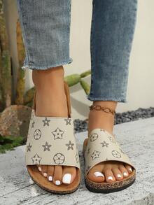 1双女士复古印花软木底拖鞋，夏季户外防滑软底沙滩度假休闲人字拖，欧美风大码 - 杏色 - 查看 4