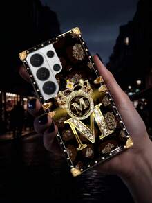 1pc Gold Letter With Crown Flat Pattern Rectangle Shockproof Phone Case, Comes With Matching Rhinestone Ring Holder Stand, Compatible With Samsung Galaxy S26 Ultra/S26/S26 Plus/S25FE/S25Ultra/S25+/S25/S24 Plus/S24/S24U/S23 Ultra/S22ULTRA/A56 5G/A36/A17/A16 And 17proamx/17/16 Promax/16/15PRO Max/15/14 Plus/15plus/14 Pro Max/13promax Models. [International Version, Not Domestic] - Black and Gold + Ring Holder - View 6