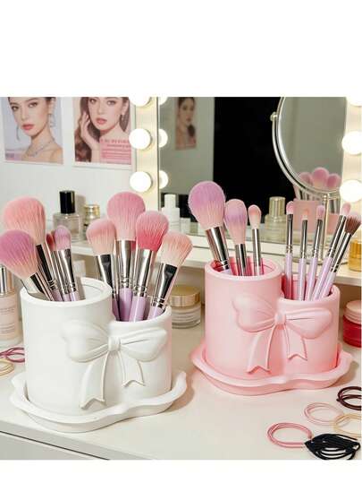 1pc Bowknot Double-Compartment Makeup Brush Storage Box, Desktop Use, Suitable For Dressing Table And Desk, For Storing Makeup Brushes