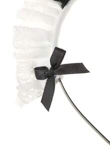 1件柔软褶皱蕾丝蝴蝶结发箍，白色荷叶边蕾丝发箍配黑色缎带蝴蝶结，可爱少女风发箍，适合上学、下午茶、动漫展和日常甜美发型。 - 黑色 - 查看 5