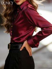 DONICY 女士纯色条纹翻领单排扣衬衫外套，时尚优雅复古奢华外套，适合休闲、商务、约会、派对、圣诞节、新年等场合。 - 酒紅色 - 查看 7