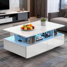Coffee Table With Storage, High Glossy 16 Color Adjustable LED Coffee Tables For Living Room, White Coffee Table With Open Display Shelf And 4 Drawers, Modern Wooden Rectangle Tea Table - White - 90*55*41cm - View 8