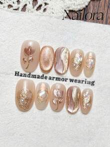 10片手工椭圆形亚克力美甲贴片，适合短指甲，简约裸粉色渐变，闪亮猫眼，闪粉手绘美甲粉玫瑰不对称线条，珍珠镶嵌，简约优雅奢华春季美甲，夏季美甲贴片，多功能美甲DIY假指甲，适合派对、日常、约会、工作场合，可重复使用，送给女性和女孩的礼物，美甲用品 - 粉色 - 查看 2