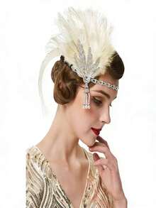1920s Baffle Feather Headband Roaring 20s Bohemian Headpiece Women's 1920s Headband Baffle Feather Headpiece Diamond Pattern Zinc Alloy - Multicolor - View 10