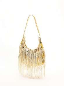 1个金色亮片闪亮金属PVC亮片流苏单肩腋下包，新月形手提包，时尚个性，适合派对、宴会、优雅女士 - 金色 - 查看 4