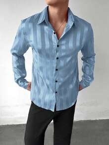 Camisa casual de manga larga con botones y estampado de rayas para hombre - Celeste - Ver 3