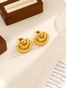 1 Pair Asymmetrical Textured Minimalist Stainless Steel Stud Earrings, Unique Fashion Versatile Design Suitable For Women's Holiday And Daily Wear - Gold - View 8