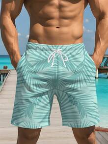 Men's Essential Summer Shorts: Versatile Mint Green Coconut Leaf Casual Beach Shorts - Low Saturation Light Teal + Minimalist Coconut Leaf Print, Suitable For Daily Commutes And Convenience Store Outfits, Clean And Brightening, Quick-Dry Refreshing - Nhiều màu - Xem 1