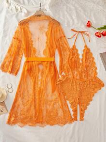 Plus Size Lace & Sexy Jumpsuit Combination, Perfect Sleepwear Set - Orange - View 7