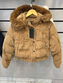 Women's Winter Puffer Jacket, Velvet, Corduroy - 駝色 - 查看 4