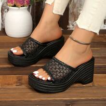 女士时尚镂空网面厚底凉鞋 - 夏季休闲高跟一脚蹬凉鞋 - 黑色 - 查看 3