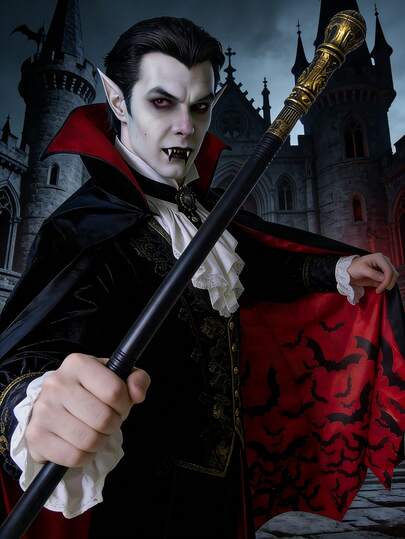 3 PiecesAdult Vampire Costume Set – Includes Cape, Wand & Fangs, Bat Design Cloak, Vampire Party Theme, Medieval Performance Outfit, Perfect For Halloween, Christmas, Cosplay, Stage Performances, Party Decor & Photography Props, Ideal Holiday Gift For Family And Friends