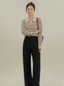 Suéter a rayas con cuello polo para mujer, suéter fino de primavera y otoño, top básico de punto, Jersey informal - Blanco - Ver 4