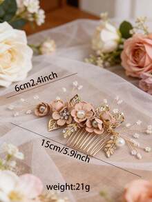 1pc Light Pink Flower & Pearl Handmade Hair Comb Accessory For Women - White - View 11