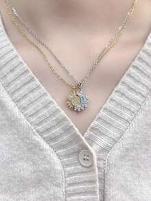 Sun Moon Magnetic Couple Necklace Set, Gold Silver CZ Crystal Matching Pendant Jewelry For BFF - 金銀色 - 查看 12