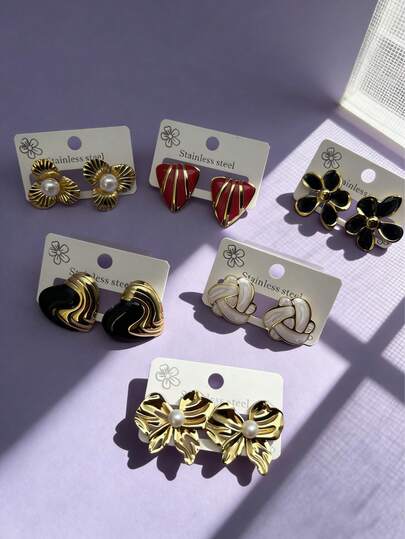 16对复古镀金不锈钢耳环——经典花朵、珍珠和几何图案，适合日常佩戴和派对场合