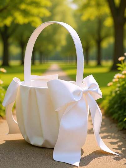 1 سلة زهور مزينة بفيونكة: هذه السلة المصنوعة من الساتان الأبيض المزينة بفيونكة، تنبعث منها سحر رومانسي فاخر لحفل الزفاف على الطراز الغربي. بفيونكتها الجميلة، تعمل هذه السلة الساتانية كخيار مثالي ليس فقط لحفل الزفاف ولكن أيضًا كديكور رائع لحفل استقبال المولود الجديد.