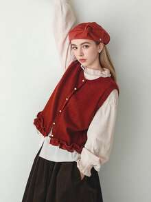 Alicedudu 女士休闲优雅可爱荷叶边开衫背心，春夏款 - 酒紅色 - 查看 3