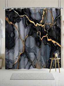 Open -1pc/4pcs Marble Pattern Shower Curtain Set, Shower Curtain Or Toilet Mat Bathroom Mat 4pcs Set, Bathroom Supplies Waterproof Shower Curtain Set With 12 Shower Curtain Hooks, Gift For Family And Friends - A - View 6