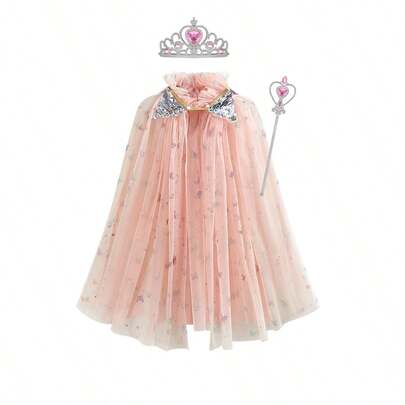 Bộ áo choàng đính sequin hình ngôi sao lấp lánh cho bé gái, áo choàng voan ngọt ngào có thể phối với trang phục hàng ngày, trang phục biểu diễn, quà tặng áo choàng dự tiệc sinh nhật, phụ kiện thời trang.