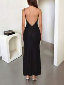 Robe longue sirène dos nu à fines bretelles de couleur unie sexy pour fête et anniversaire DOUCIU - Noir - Voir 2