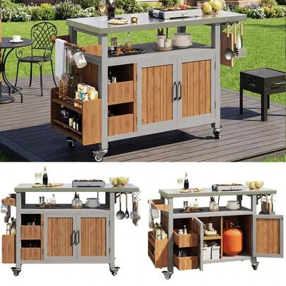 BBQ Side Table Mobile Garden Cabinet Weatherproof Stainless Steel Worktop Outdoor Sideboard Serving Trolley With Pull-Out Side Shelf 3 Hooks Shelf For Snacks And Spices Solid Wood
