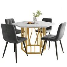 Dining Table And Chair Set (5-Piece Set), Modern Hexagonal Marble Dining Table + 4 Velvet Dining Chairs To Create A Warm And Modern Restaurant - Grey - View 12