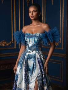 Women's Elegant Blue & White Abstract Print Open Shoulder Ruffle Sleeve Split Maxi Dress, Sexy Formal Evening Gown, Formal Party Dress Wedding Fall - Navy Blue - View 8