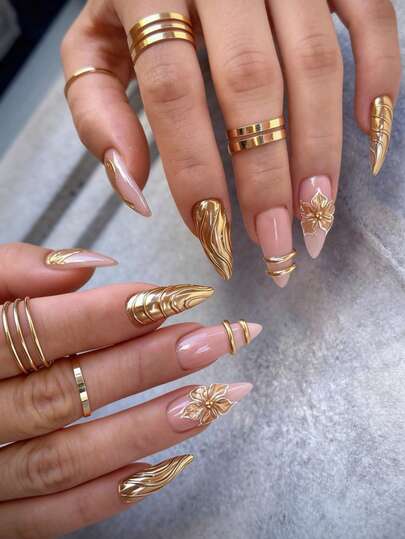 Y2K Light Luxury Gold Glitter Medium Almond-Shaped Press-On Acrylic Nail Art, 24 Pieces With 3D Three-Dimensional Flowers And Gold Wave Ring Decorations On The False Nail Tips, DIY Handmade Nail Art Stickers, Includes Gel And Nail File, Suitable For Women's Daily Commute, Parties And Festive Celebrations.