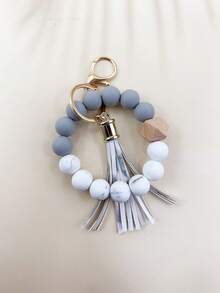 1pc Minimalist Beaded Keychain, Handmade Tassel Keyring, Women's Fashion Silicone Bead Wrist Lanyard - Marble Print Charm, Bag Accessory, Gift For Friends, Mom, Teachers - Multicolor - View 7