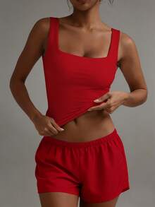 XLLAIS Solid Square Neck Sleeveless Tank Top Women Slim Casual Wear - Red - View 6