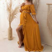 Vestido de Maternidad Estilo Bohemio con Hombros Descubiertos, Puños de Manga con Volantes y Dobladillo con Abertura, Perfecto para Fotos - Amarillo Mostaza - Ver 9
