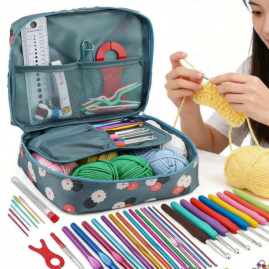 Kit de Ganchillo DIY con Hilo y Ganchos, Juego de Manualidades de Ganchillo Completo para Principiantes y Aficionados, Kit de Tejido para Proyectos Hechos a Mano, Kit de Iniciación al Ganchillo con Accesorios y Bolsa de Almacenamiento - A - Ver 1