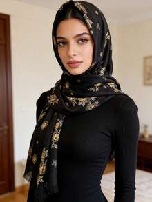 1件复古波西米亚风竹节纱线印花流苏头巾，金色花朵箔片装饰，柔软材质，多功能防晒/防风头巾披肩，适合日常生活/节日派对/宴会等场合。 - 彩色 - 查看 2