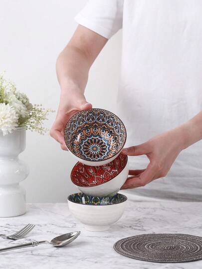 Bộ 3/6 bát sứ phong cách Boho, dung tích 10cm, thích hợp đựng bữa sáng, cháo yến mạch, sữa chua, món tráng miệng, salad, súp, trái cây, bỏng ngô, đồ ăn nhẹ. Lý tưởng cho gia đình, nhà bếp, phòng ăn, tiệc tùng, bộ đồ ăn tiện dụng, quà Giáng sinh, dùng được trong máy rửa chén, lò nướng và lò vi sóng.