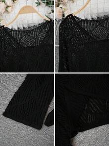 波西米亚风黑色不对称肩针织毛衣，女士夏季薄纱蕾丝罩衫，V领上衣 - 黑色 - 查看 8