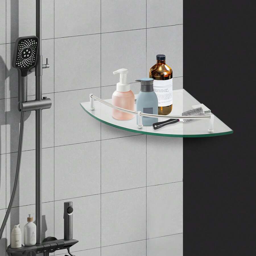 Bathroom Triangular Glass Shelf, Glass Shelf, Tempered Glass Corner Shelf - Clear - View 1