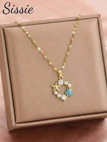 Colar de aço inoxidável com pingente redondo em formato de concha do oceano, pérola e zircônia cúbica em ouro 18K. Ideal para o verão, viagens, férias na praia e uso diário. - Ouro - Ver 2