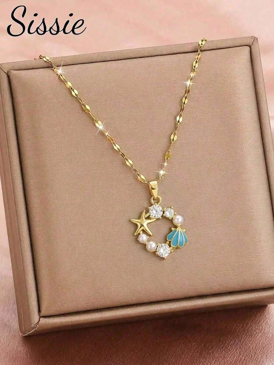 Colar de aço inoxidável com pingente redondo em formato de concha do oceano, pérola e zircônia cúbica em ouro 18K. Ideal para o verão, viagens, férias na praia e uso diário.