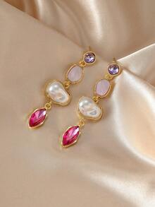 1对新款多层水钻不对称珍珠耳环，优雅时尚长款垂坠耳环，日常佩戴珍珠饰品 - 耳環 - 查看 3