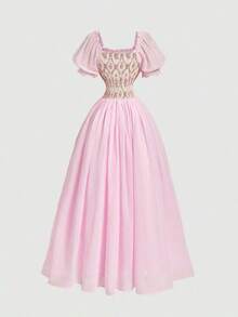 MOD Women's Ruffled Square Collar Short Puff Sleeve Floral Jacquard Elegant Dress, Valentine Day, Wedding, Elegant Dresses, Pink Dress, Wedding Guest Dress For Women, Spring/Summer Outfits, Tea Party Outfit Women, Cottagecore Dress, Holidays, Birthday, Festival, Tea Party Dress, Floral Maxi Dress, Puff Sleeves Dress, Vintage, Retro - Quả mơ - Xem 9