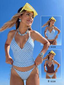 wohenmeili 2026 女士波点印花吊带背心式泳衣套装 度假沙滩夏季 - 天藍底棕點 - 查看 4