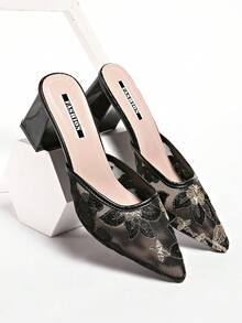 New Chinese Style White High Heel Mules, Pointed Toe Lace Embroidery Convertible Sandals For Women - Black - View 6