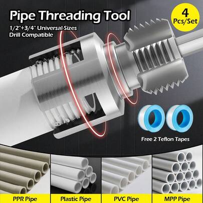 Bộ dụng cụ ren ống trong và ngoài 4 món (đầu ren 1/2'' và 3/4'') Tặng kèm 2 cuộn băng keo thợ sửa ống nước, dụng cụ cắt ren ống đa năng 2026, tương thích với máy khoan điện, bộ dụng cụ ren ống nhựa PVC dùng trong sửa chữa nhà cửa.
