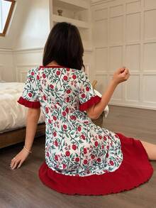 Women's Floral All-Over Print Petal Hem Short Sleeve Nightgown, Suitable For Loungewear - Red - View 2