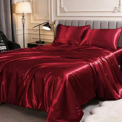 2/3pcs Solid Satin Duvet Cover Set, Red Bedding, Soft & Breathable, Wrinkle-Free For Better Sleep, Luxury Hotel Style, Suitable As Gift For Mom, Dad, Friends, Includes 1 Duvet Cover & 2 Pillow Shams, Dorm Bedding, All Season Use, Machine Washable, Home Decor, Wedding, OEKO-TEX Certified
