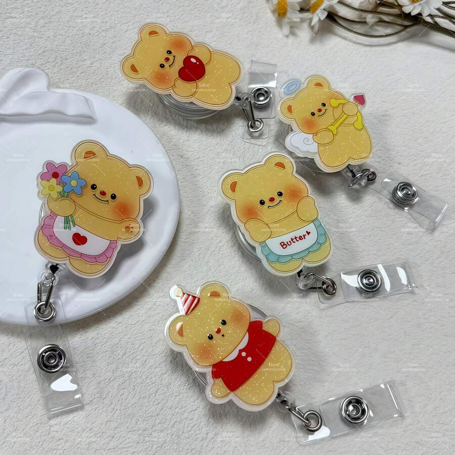 1 pieza Carrete retráctil para tarjeta de identificación con diseño de oso de dibujos animados de doctor, enfermera o maestro - Diseño alegre e interesante, resistente y duradero, hecho de acrílico resistente, adecuado para suministros de oficina, regalos de Navidad, accesorios para personal médico. - A - Ver 1