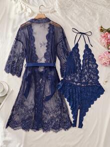 Conjunto de pijama de talla grande con combinación de encaje y mono sexy - Azul Marino - Ver 4
