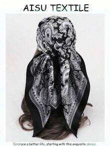 1pc Women's 90cm Paisley Printed Bandana, Simulated Silk Headband, Large Square Scarf, Versatile Hair Band And Headband, Fashion Neck Wrap, Ideal For Dressing Up Your Look, Casual Or Elegant Outfits, Daily Wear, Travel, And Chic Gift Idea - 黑色 - 查看 1